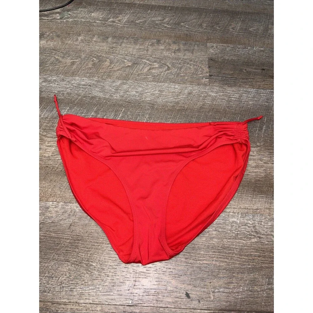 Athleta Womens Red Ruched Bikini Swim Bottoms L Gathered Drawstring High Waist